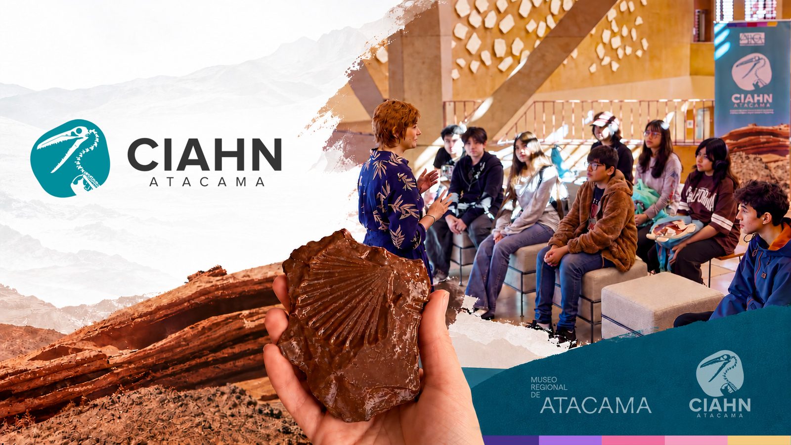 Dra. Joseline Manfroi conversa con estudiantes de la Academia Juvenil de Ciencias en el Museo Regional de Atacama; en primer plano, una mano sostiene la réplica de un fósil