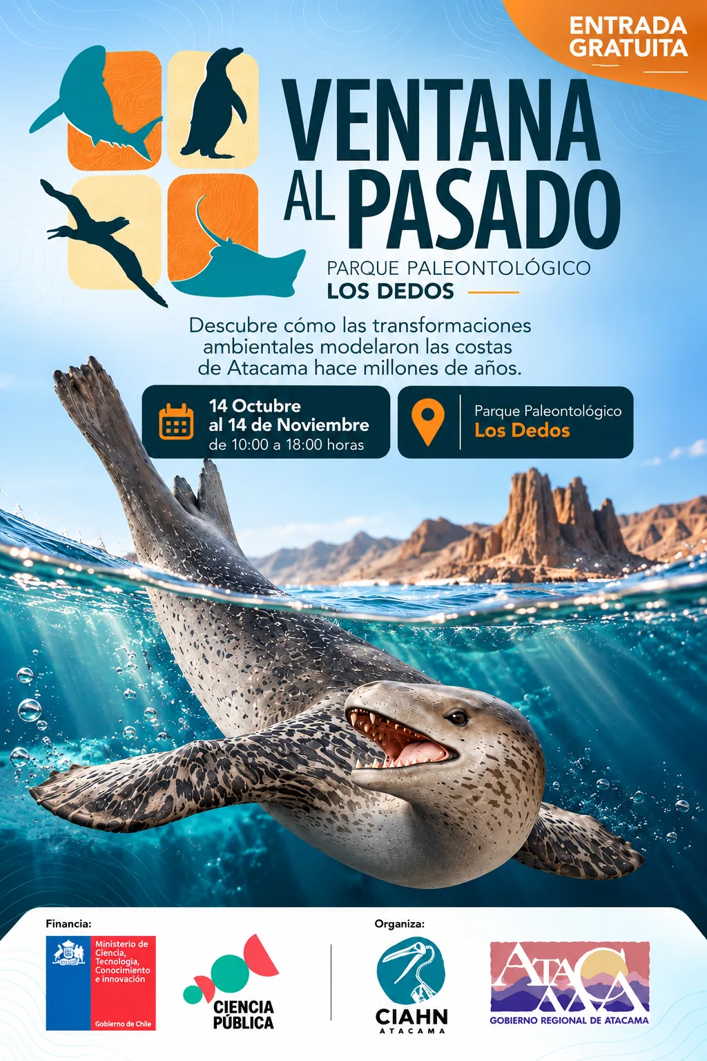 Afiche Ventana al Pasado: 14 de octubre al 14 de noviembre, de 10:00 a 18:00 horas, Parque Paleontológico Los Dedos. Entrada gratuita.